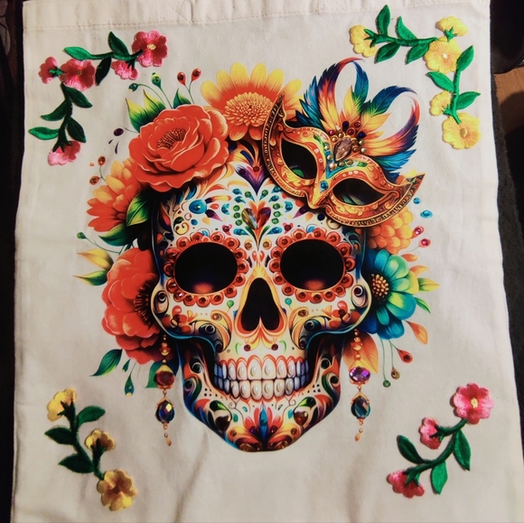 Colorful Skull and Floral Tote Bag - Picture 3 of 15